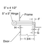 top down diagram of 5-inch hinge, strike, and frame for 1-3/4-inch doors