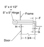 top down diagram of 5-inch hinge, strike, and frame for 1-3/4-inch doors