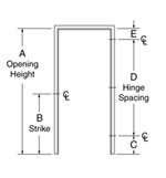 basic labeled diagram of door opening height, strike, and hinge spacing