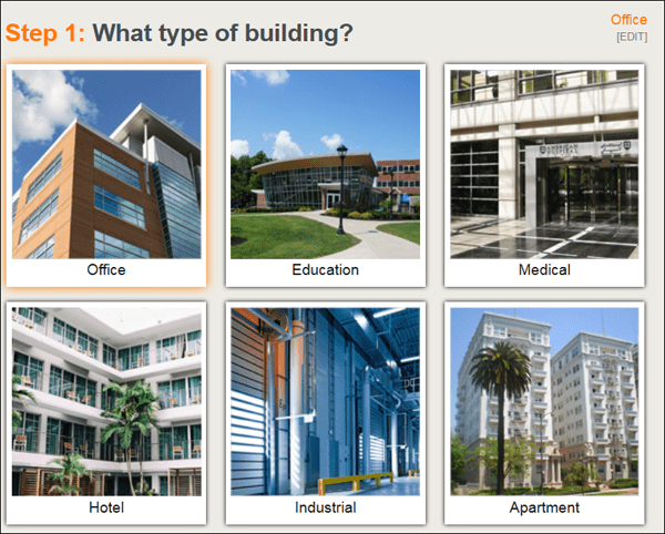 screenshot from Door Selector tools, which shows step 1, choosing the type of building