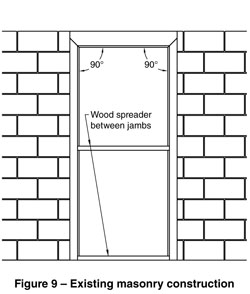 diagram of frem set in masonry with 90-degree angles with wood spreader between jambs